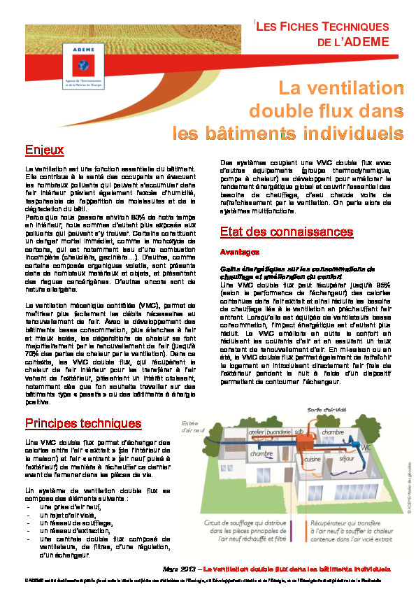 Fiche technique la ventilation double flux – vmc – Ademe – 2013